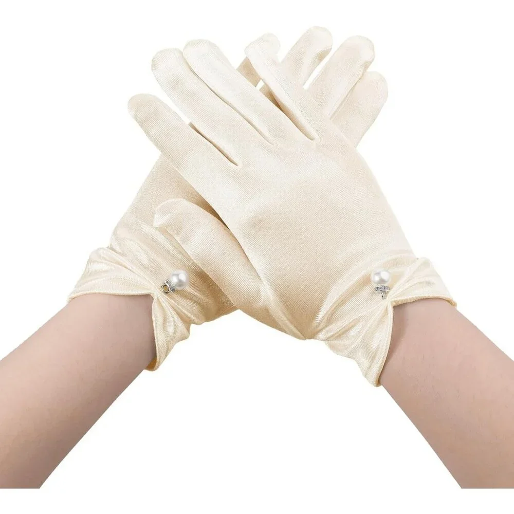 Women's Satin Short Length Pearl Gloves Cream Banquet Wedding Party Costume